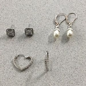 Earrings bundle. 3 pairs silver earrings faux pearls and faux diamonds.